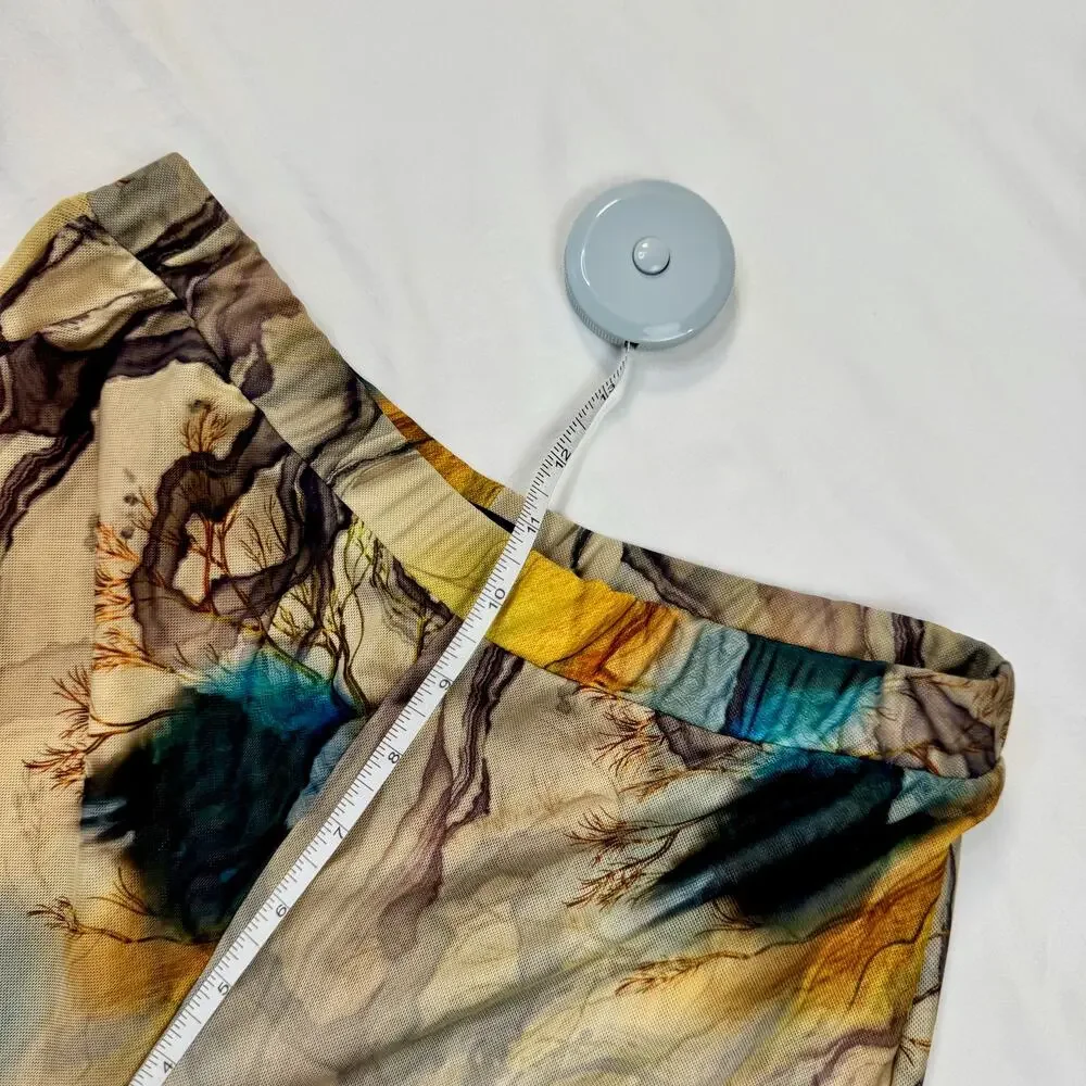 Blanc Abstract Mesh Flare Pants Large Earth Tone Sheer Print Y2K Art Girl Indie - Picture 8 of 14